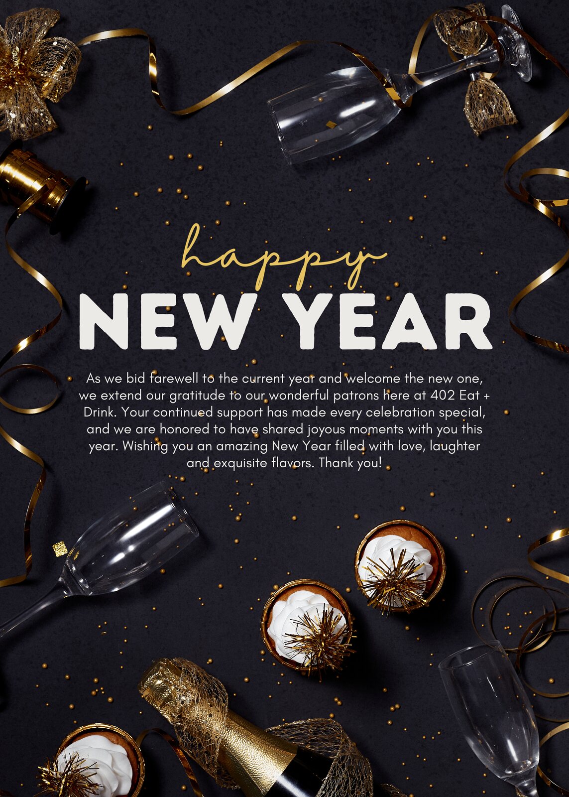 Elegant black and gold New Year's Eve menu for 402