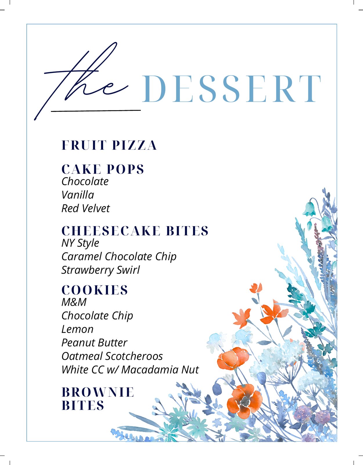 Blue floral wedding dessert menu