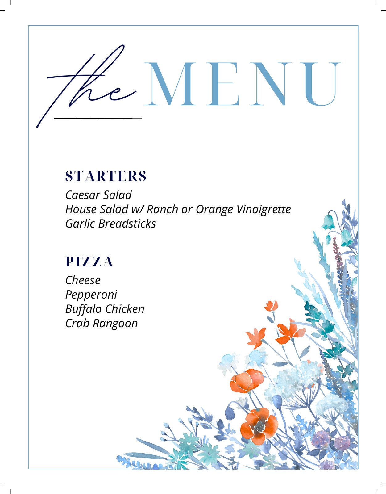 Blue floral wedding food menu