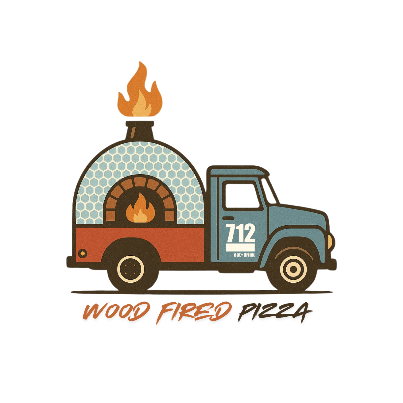 Vintage illustrated 712 wood-fired pizza truck logo